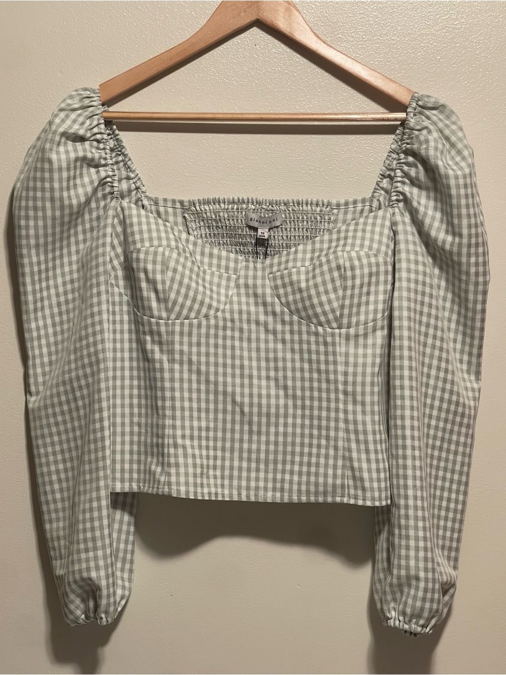 Gianni Bini Sage Green Gingham Puff-Sleeve Crop Top